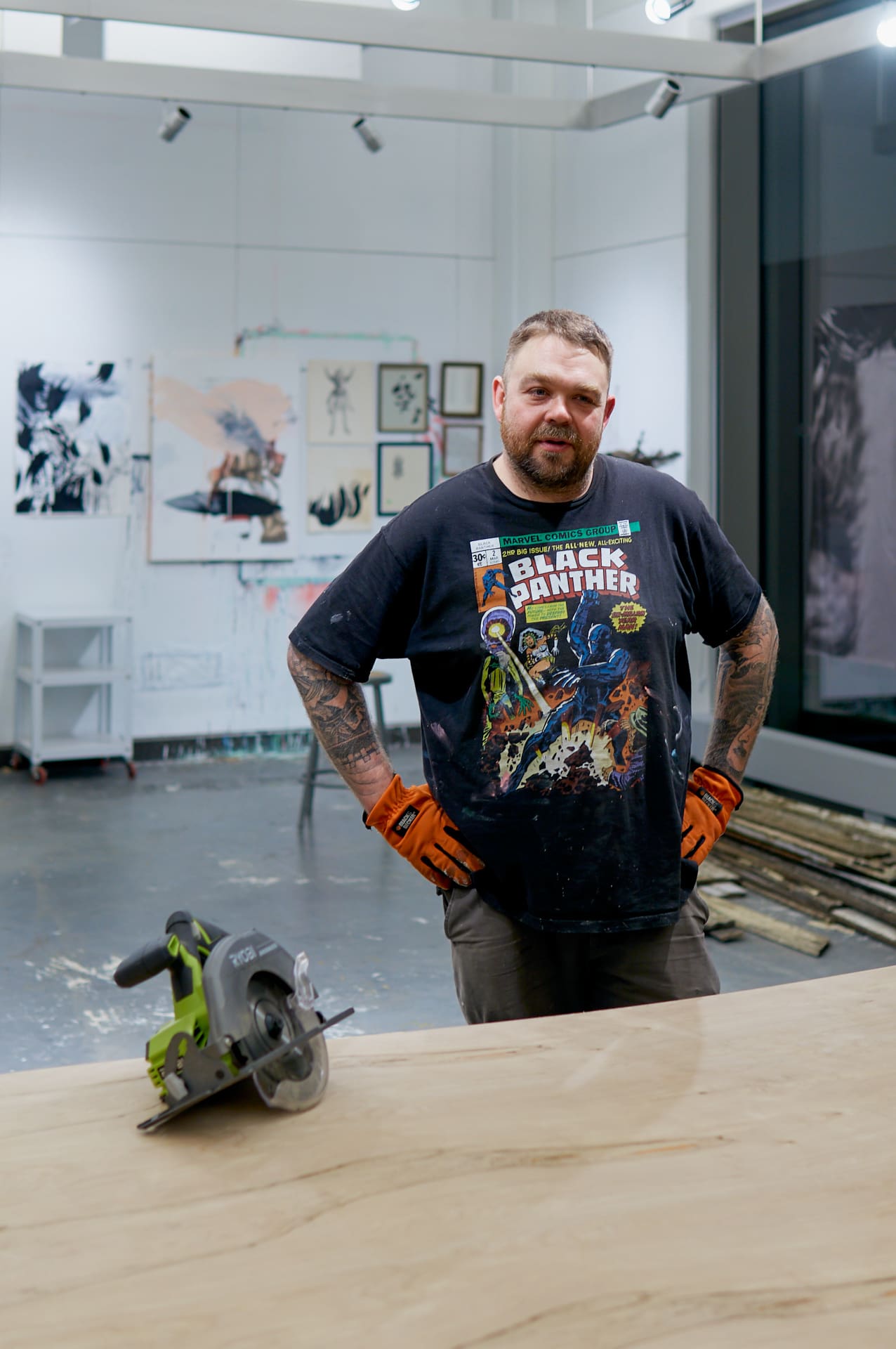 Arnold in the studio with a circular saw