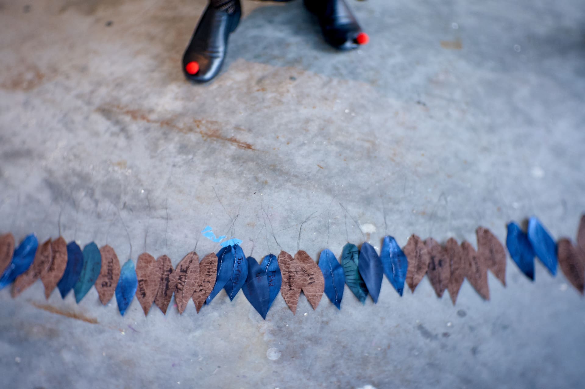 Fake feathers lined up on a concrete floor