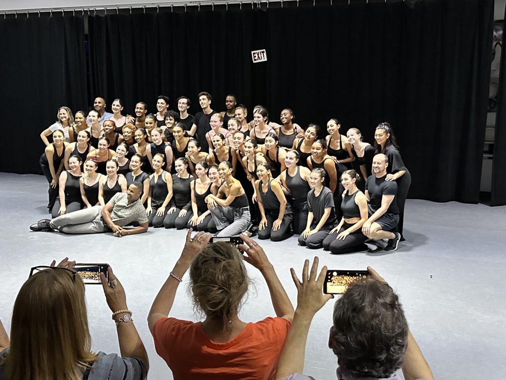 The dancers and choreographers of Ballet Hispanico's 2023 ChoreoLaB program posing for a photo after the final performance.