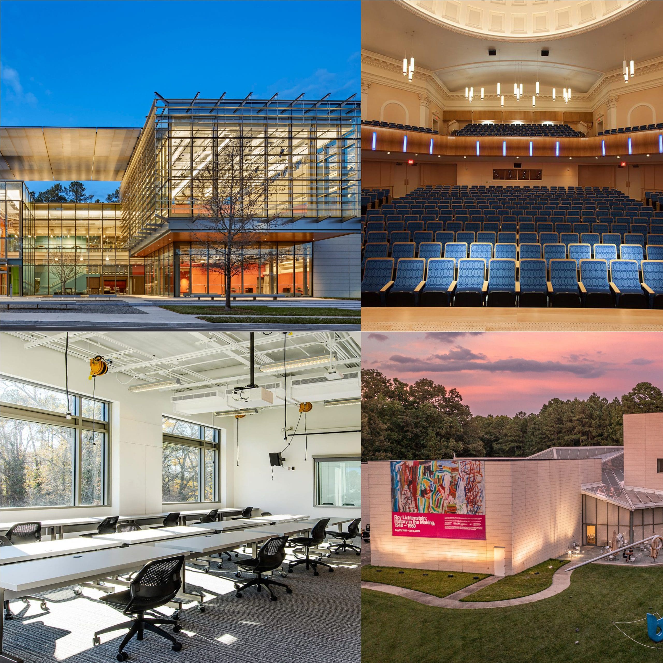 Composite of four venue on Duke's campus: the Rubenstein Arts Center, Baldwin Auditorium, a classroom and the Nasher Museum of Art.
