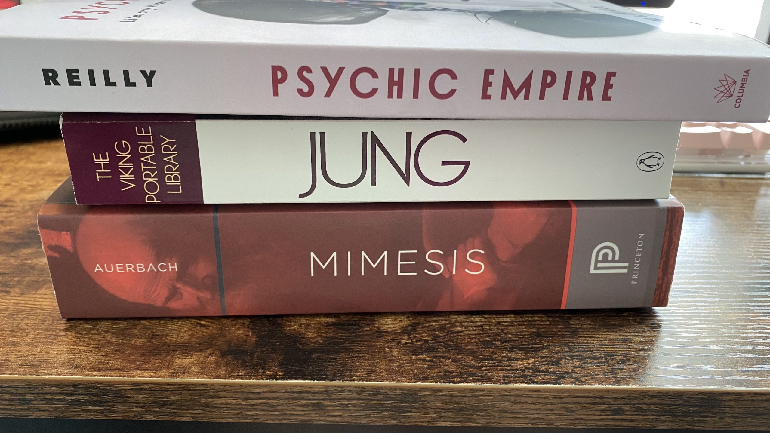 Three books that were essential in my creative process: Cate Reilly's Psychic Empire, the collected works of Carl Jung, and Erich Auerbach's Mimesis.