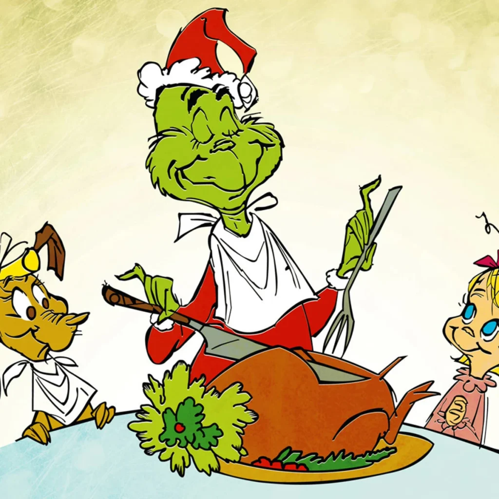 Animated cartoon characters eating a turkey for dinner