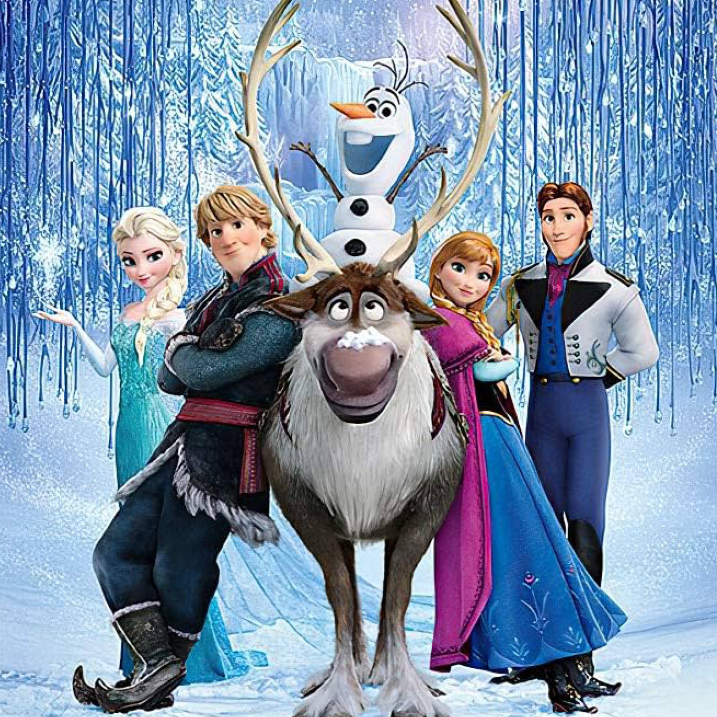 An animated mocie poster featuring a variety of different characters standing around a tall reindeer with a snowman on top of it