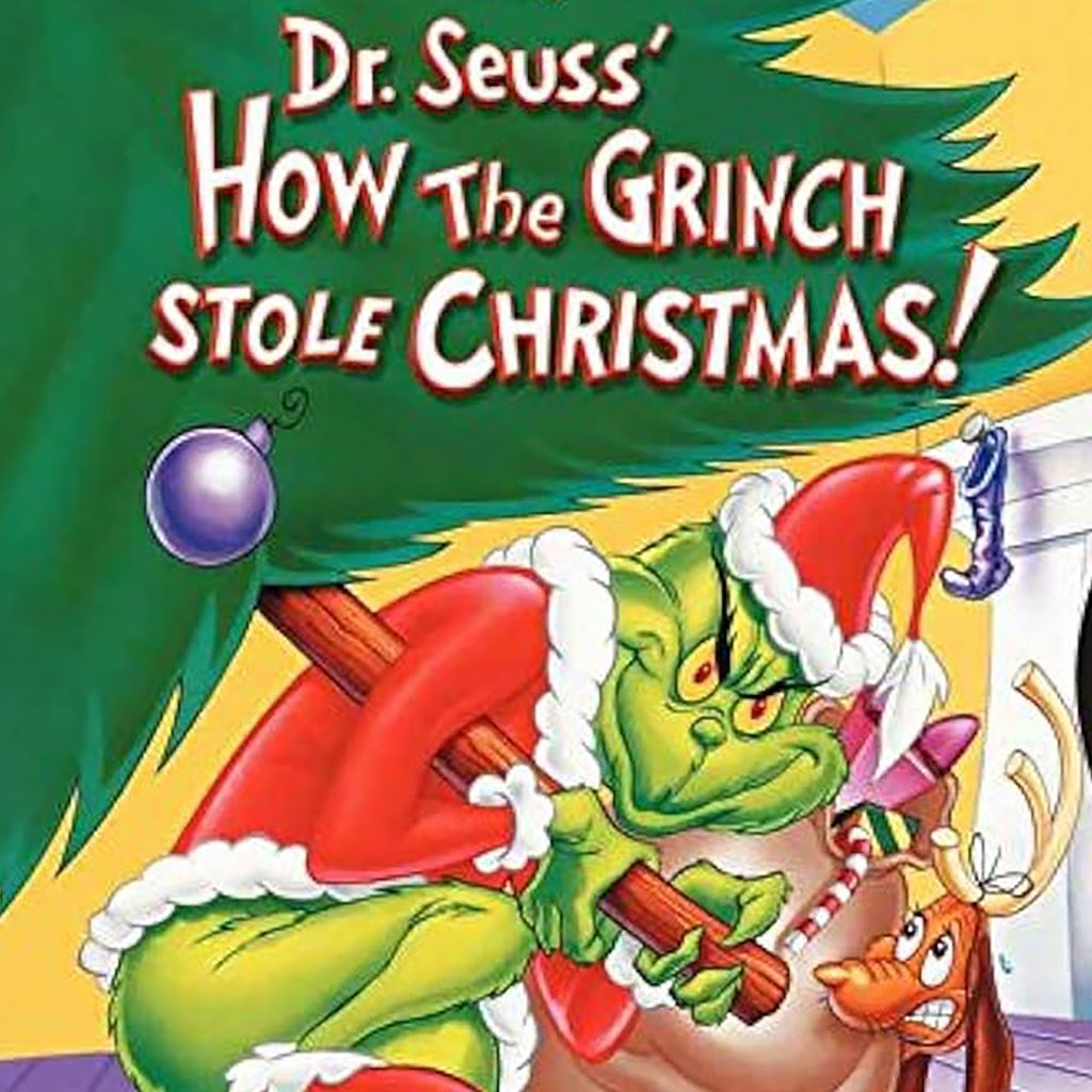 Animated artwork poster of the green grinch in a Santa Claus costume stealing a Christmas tree