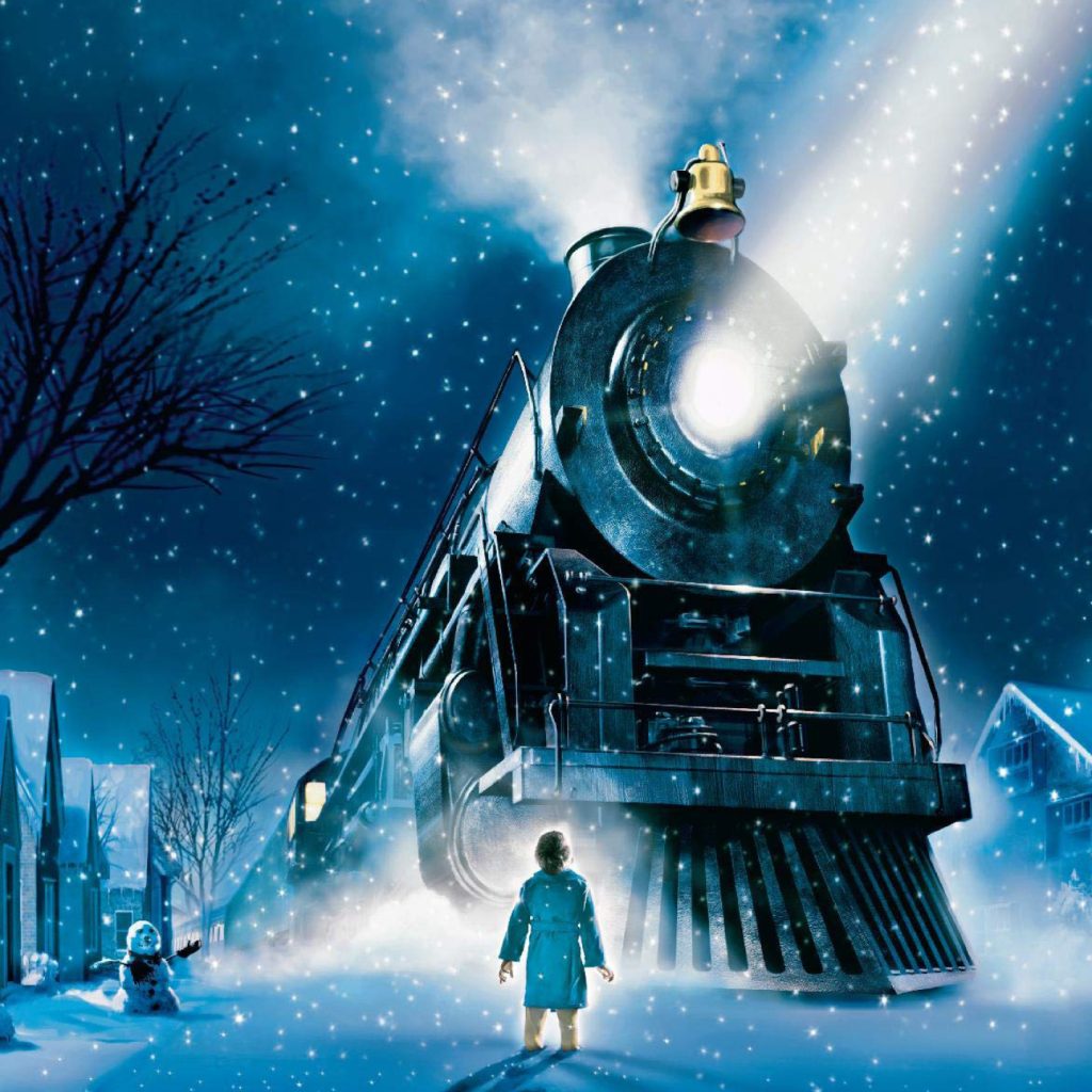 A animated movie poster of a large train stopping in front of a young child in the snow