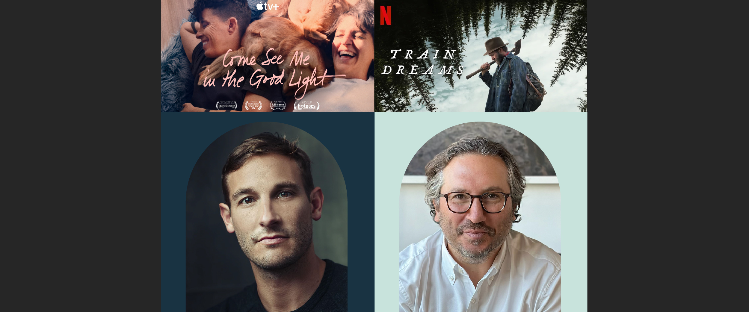 Composite of two male individuals paired with their film poster graphic